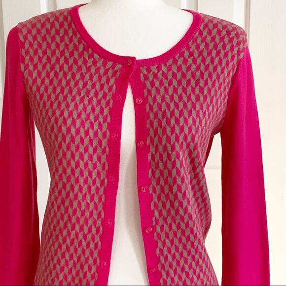Old Navy Cardigan Sweater Fuchsia Tan Geo Print Crew Neck Button Front Small NEW - Picture 8 of 16